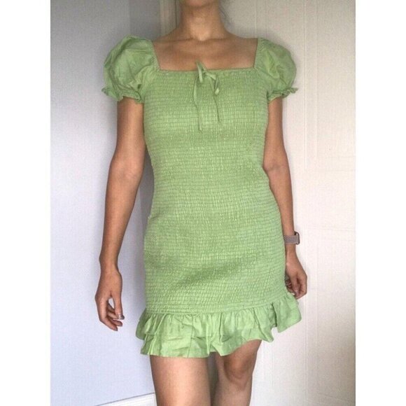 English Factory Green Smocked Mini Dress L Puff Sleeve Ruffle Hem Western Boho - Picture 5 of 12